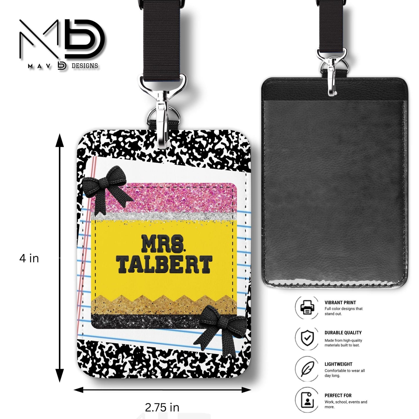 Personalized ID Badge Holder | Black Composition • Paper • Glitter Pencil Nameplate •  Bow | Teacher Name