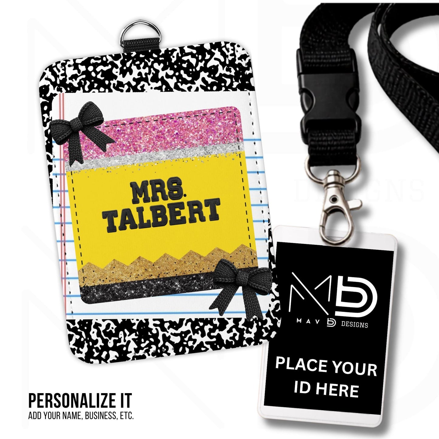 Personalized ID Badge Holder | Black Composition • Paper • Glitter Pencil Nameplate •  Bow | Teacher Name