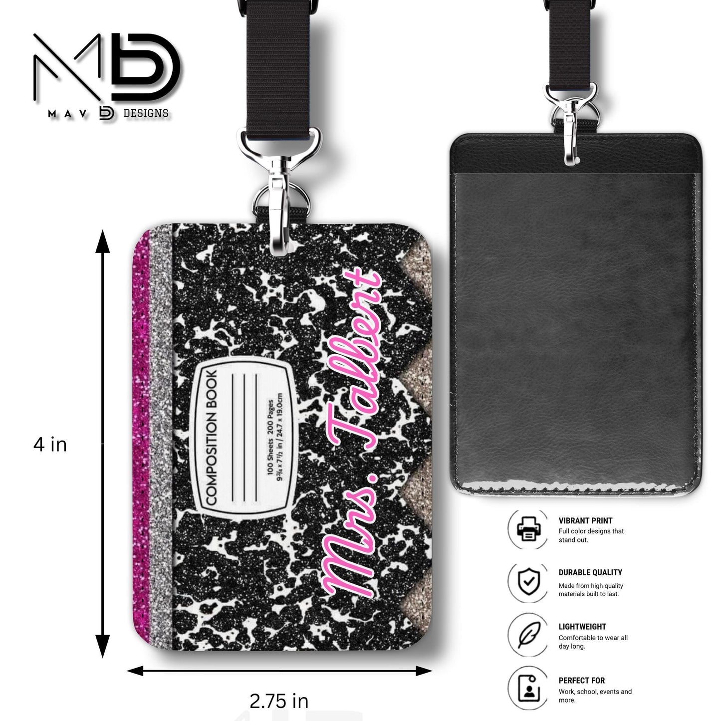 Personalized ID Badge Holder | Black Composition • Glitter Pencil Nameplate | Teacher Name