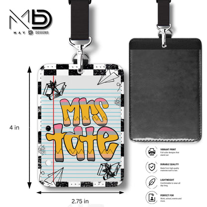 Personalized ID Badge Holder | Black Checkered Doodle • Paper • Retro Pencil Name