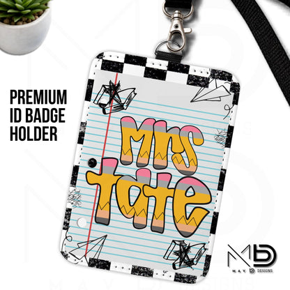 Personalized ID Badge Holder | Black Checkered Doodle • Paper • Retro Pencil Name