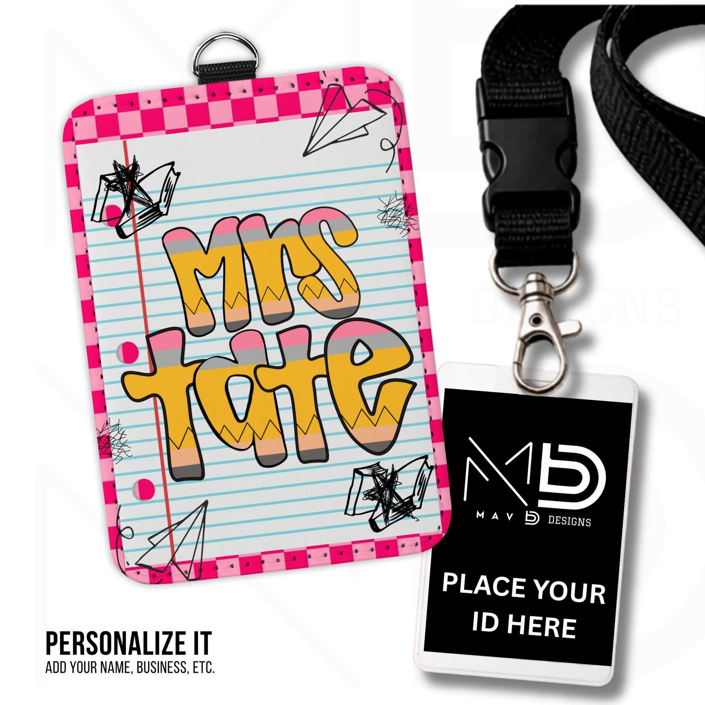 Personalized ID Badge Holder | Pink Checkered Doodle • Paper • Retro Pencil Name