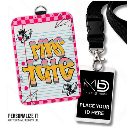 Personalized ID Badge Holder | Pink Checkered Doodle • Paper • Retro Pencil Name