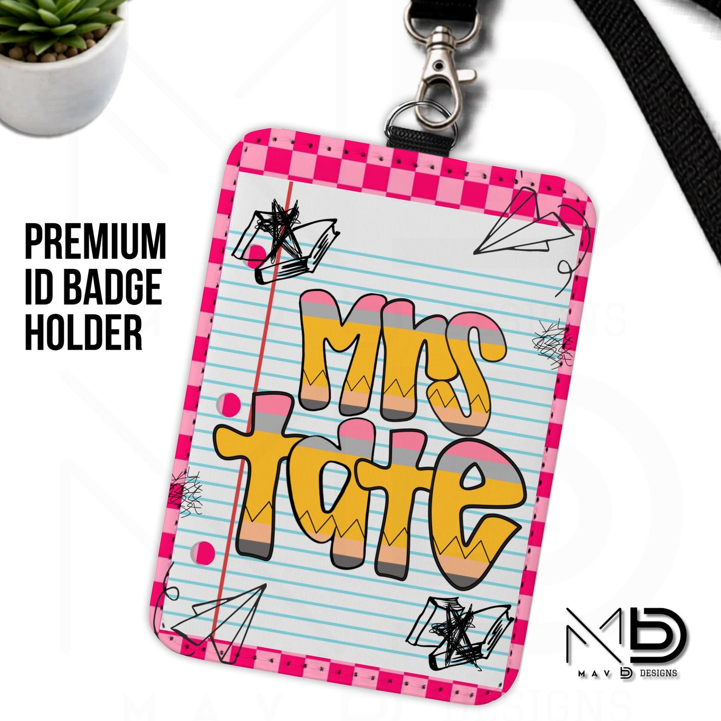 Personalized ID Badge Holder | Pink Checkered Doodle • Paper • Retro Pencil Name