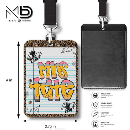 Personalized ID Badge Holder | Cheetah Print Doodle • Paper • Retro Pencil Name