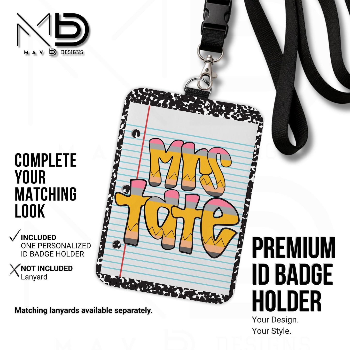Personalized ID Badge Holder | Black Composition • Paper • Retro Pencil Name