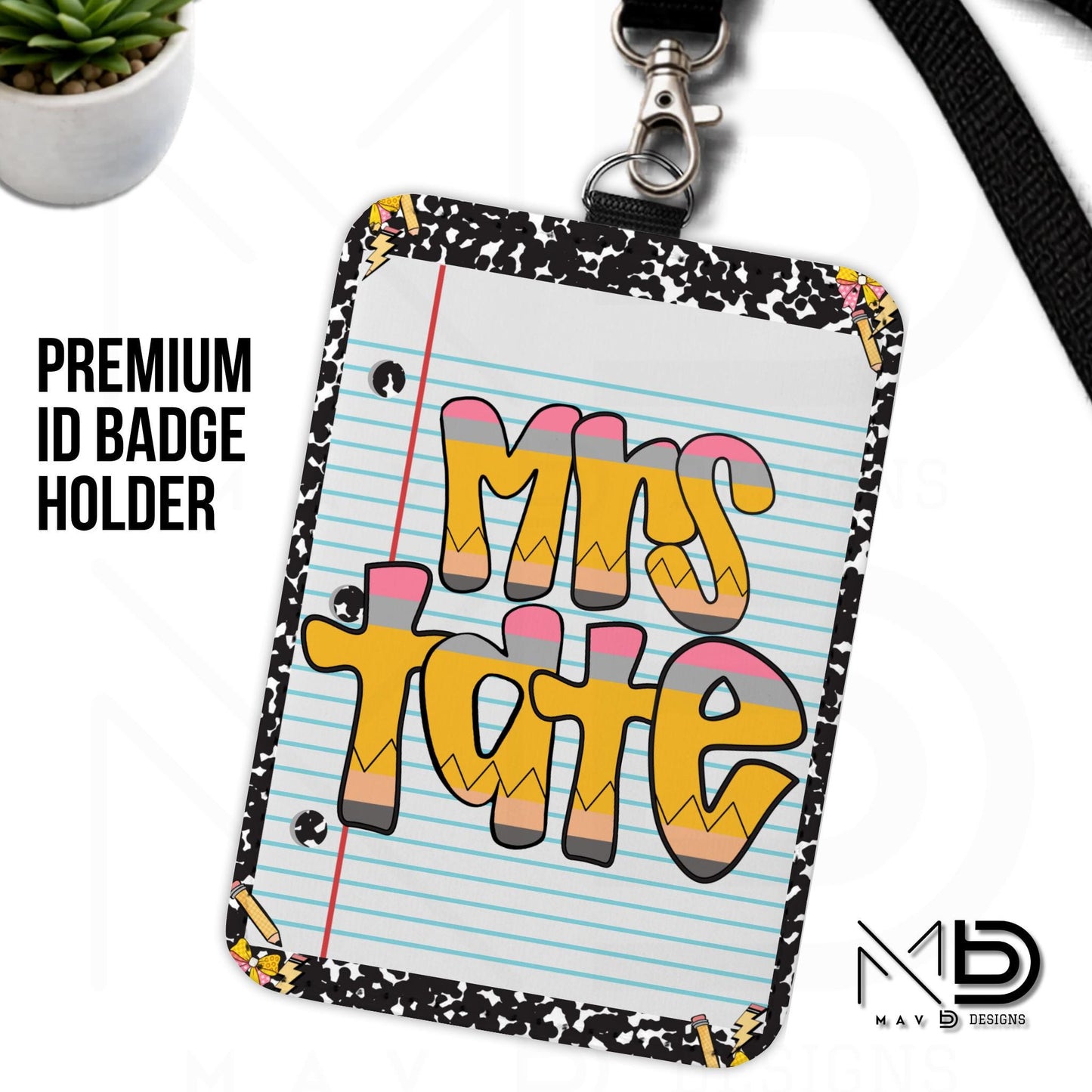 Personalized ID Badge Holder | Black Composition Pencil Bows • Paper • Retro Pencil Name