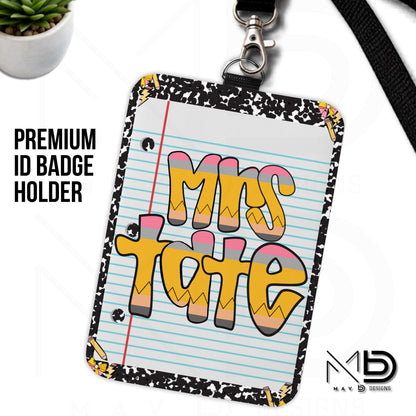 Personalized ID Badge Holder | Black Composition Pencil Bows • Paper • Retro Pencil Name