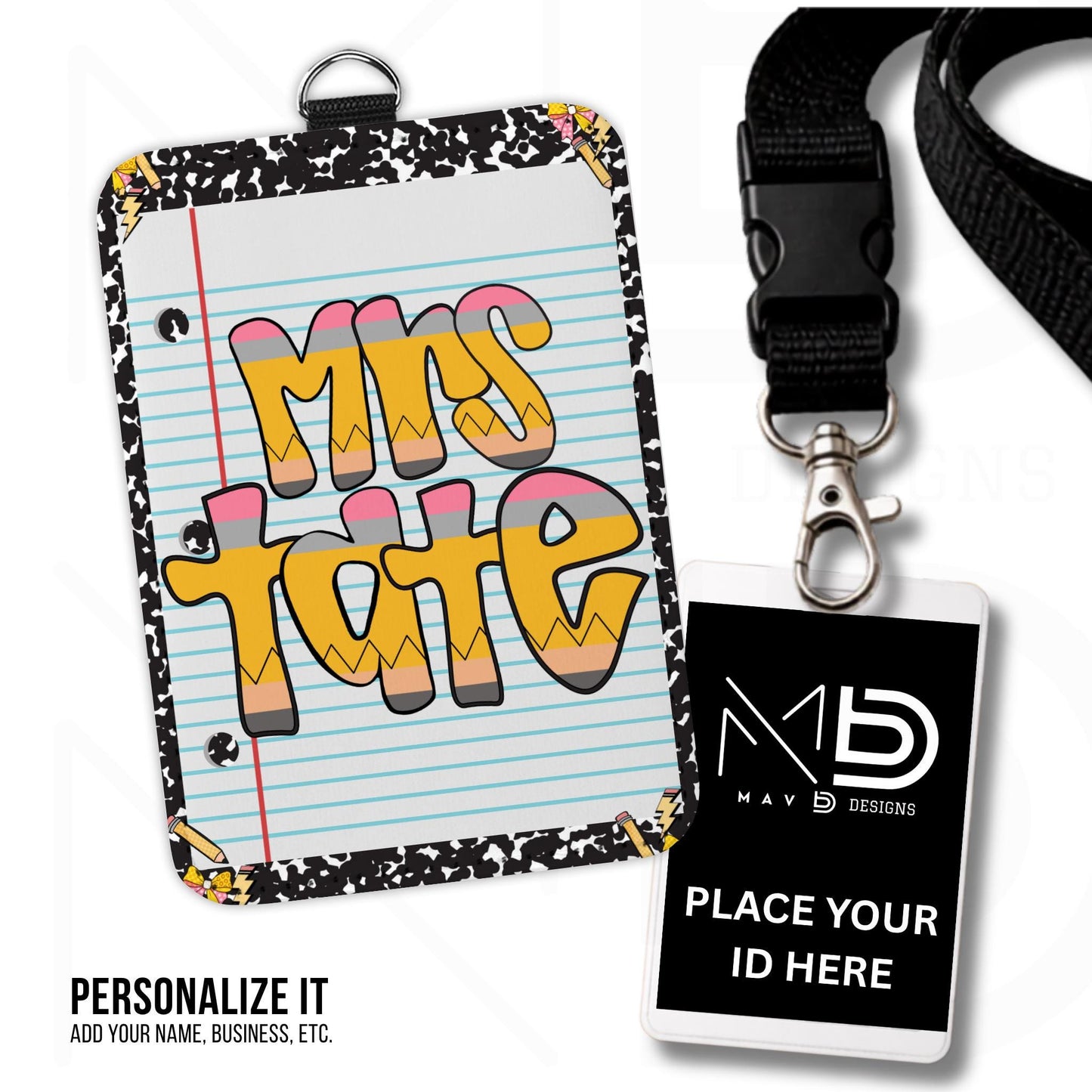 Personalized ID Badge Holder | Black Composition Pencil Bows • Paper • Retro Pencil Name