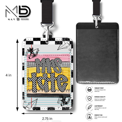 Personalized ID Badge Holder | Black Checkered Doodle • Paper • Doodle Pencil Nameplate | Checkered Name