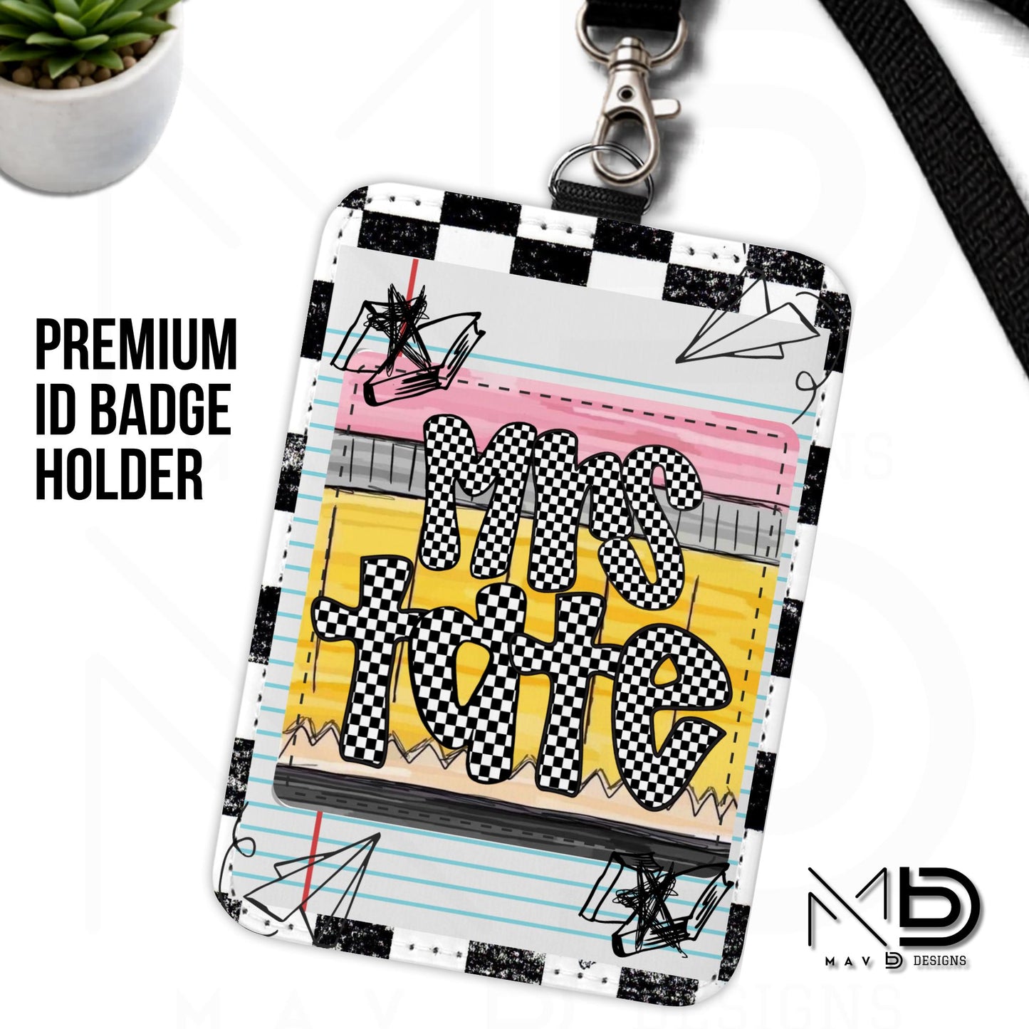 Personalized ID Badge Holder | Black Checkered Doodle • Paper • Doodle Pencil Nameplate | Checkered Name