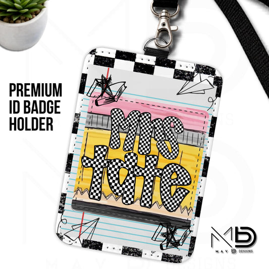 Personalized ID Badge Holder | Black Checkered Doodle • Paper • Doodle Pencil Nameplate | Checkered Name