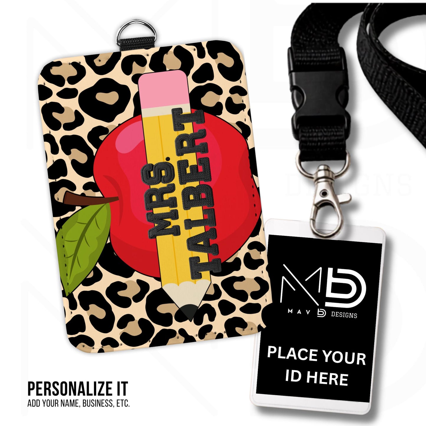 Personalized ID Badge Holder | Cheetah Print • Red Apple Pencil | Black Knit Name