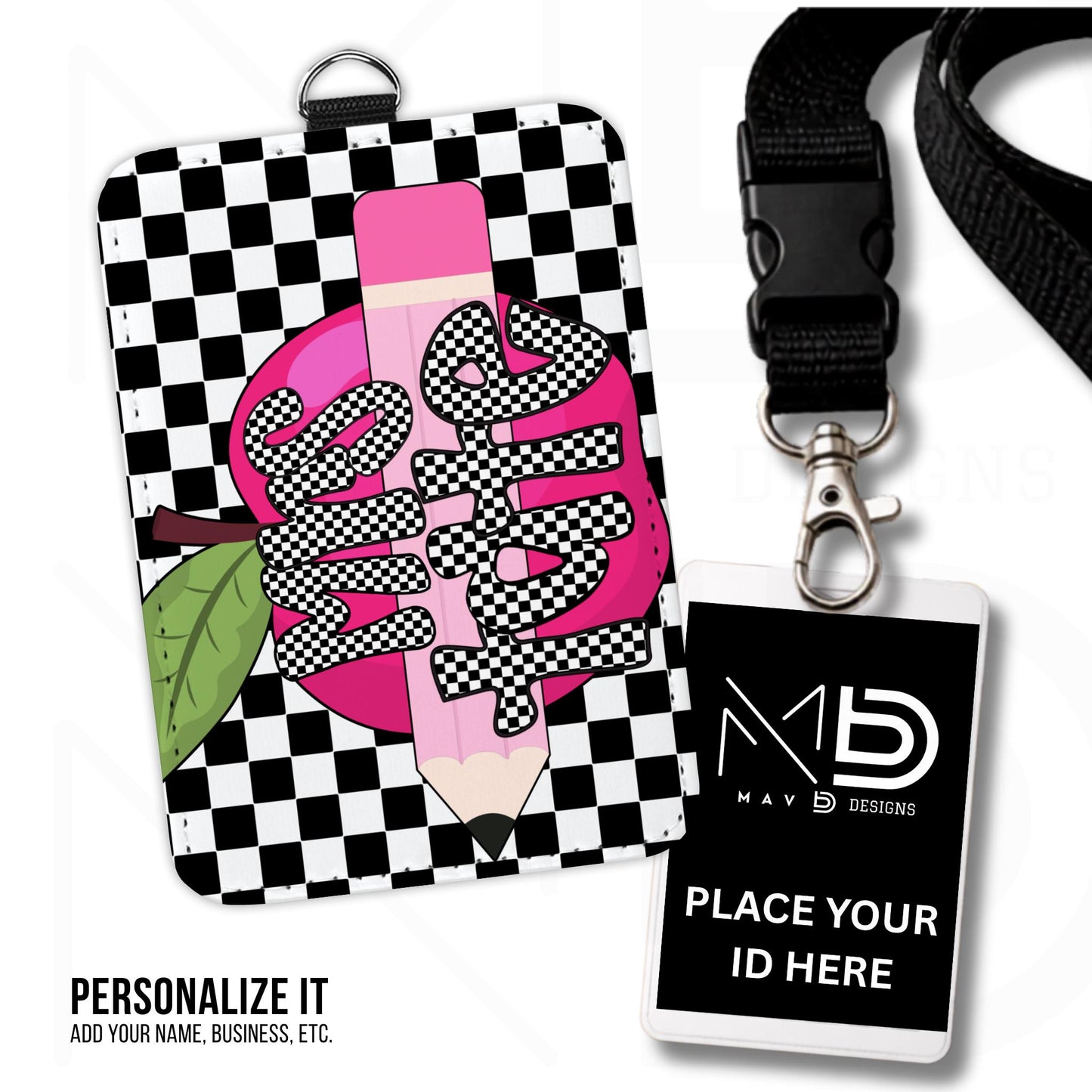 Personalized ID Badge Holder | Black Checkered Pink Apple Pencil | Checkered Name