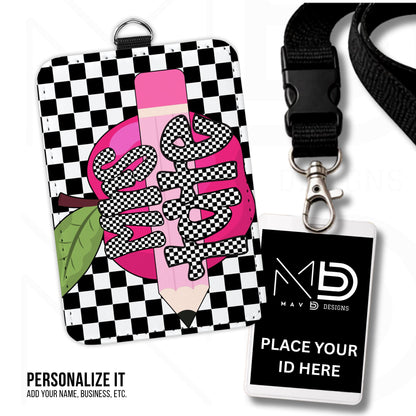 Personalized ID Badge Holder | Black Checkered Pink Apple Pencil | Checkered Name