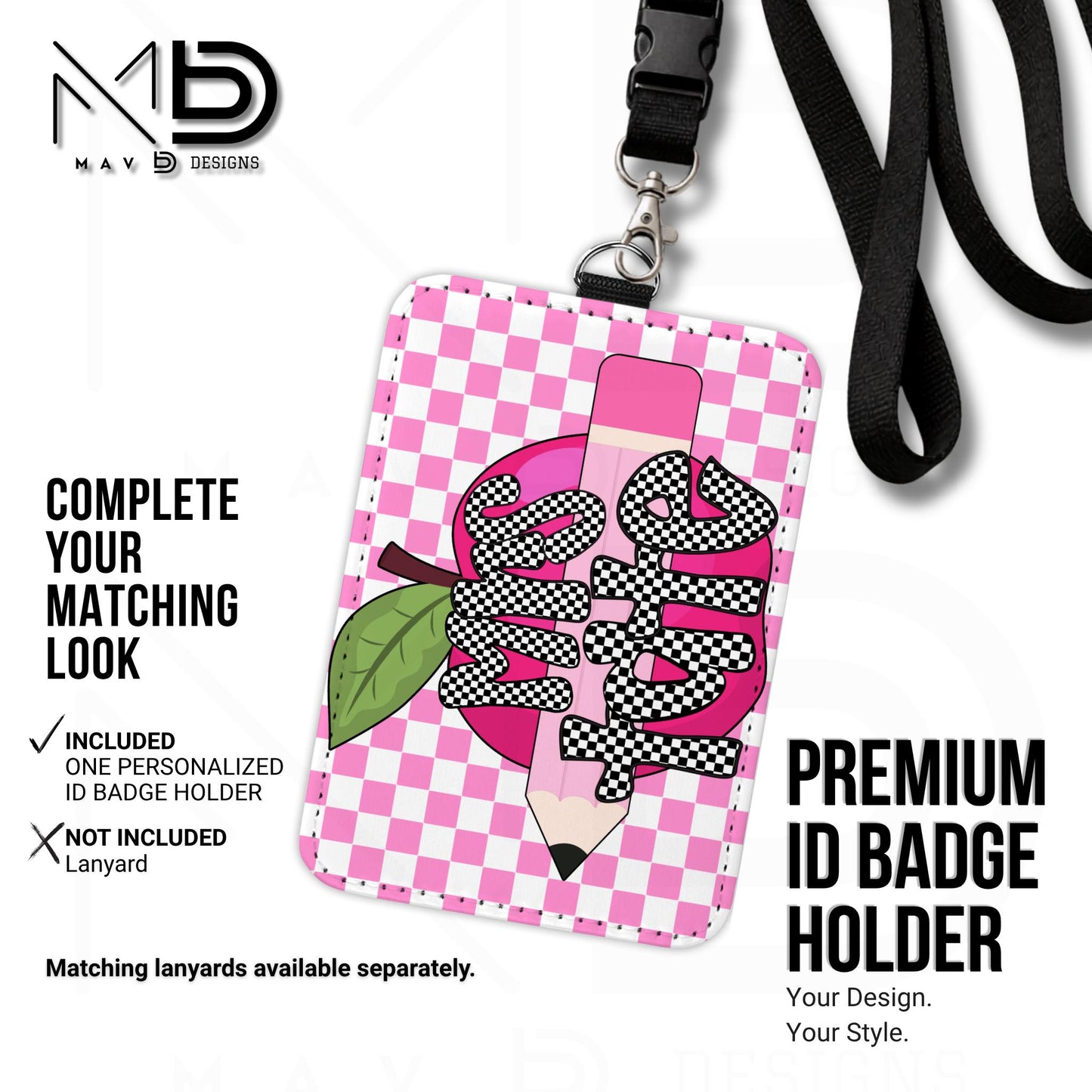 Personalized ID Badge Holder | Pink Checkered Pink Apple Pencil | Checkered Name