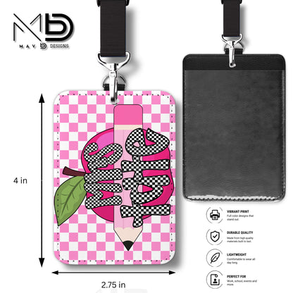 Personalized ID Badge Holder | Pink Checkered Pink Apple Pencil | Checkered Name