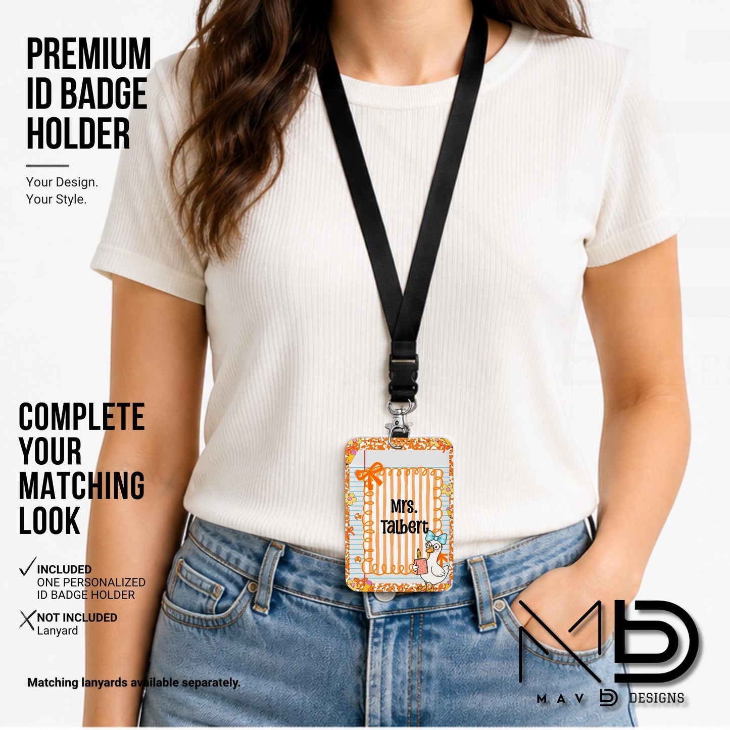 Personalized ID Badge Holder | Orange Composition Paper Orange Stripes Goosey