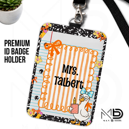 Personalized ID Badge Holder | Black Composition Paper Orange Stripes Goosey | Custom Name