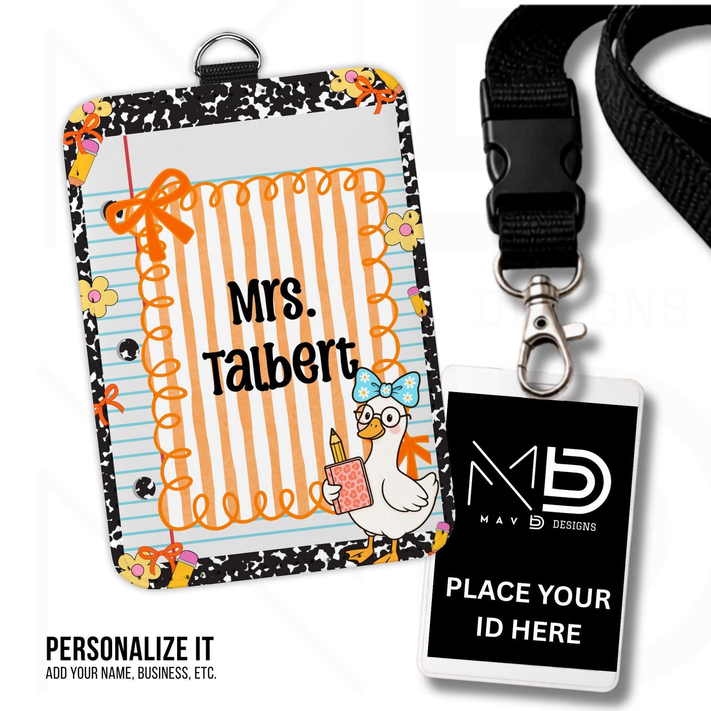 Personalized ID Badge Holder | Black Composition Paper Orange Stripes Goosey | Custom Name