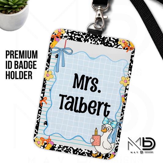 Personalized ID Badge Holder | Black Composition Paper Blue Doodle Goosey | Custom Name