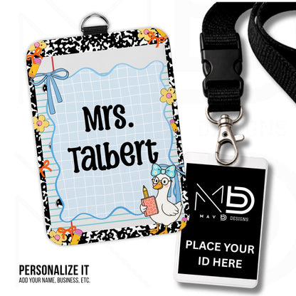 Personalized ID Badge Holder | Black Composition Paper Blue Doodle Goosey | Custom Name