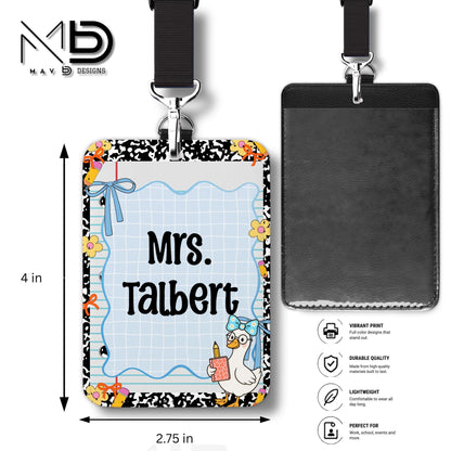Personalized ID Badge Holder | Black Composition Paper Blue Doodle Goosey | Custom Name
