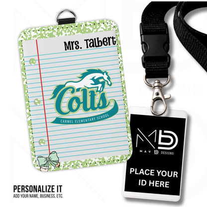 Personalized ID Badge Holder | Green Composition Custom School - Carmel Elementary Colts | Custom Name