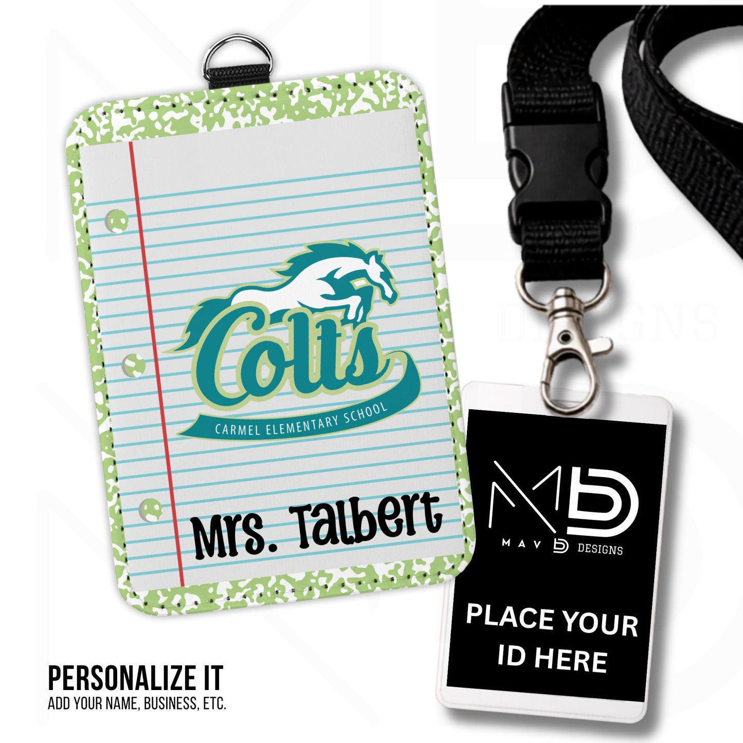 Personalized ID Badge Holder | Green Composition Custom School - Carmel Elementary Colts | Custom Name