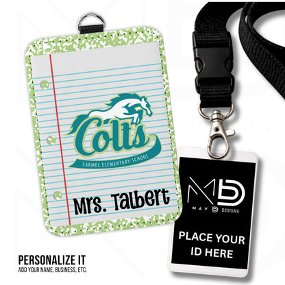 Personalized ID Badge Holder | Green Composition Custom School - Carmel Elementary Colts | Custom Name