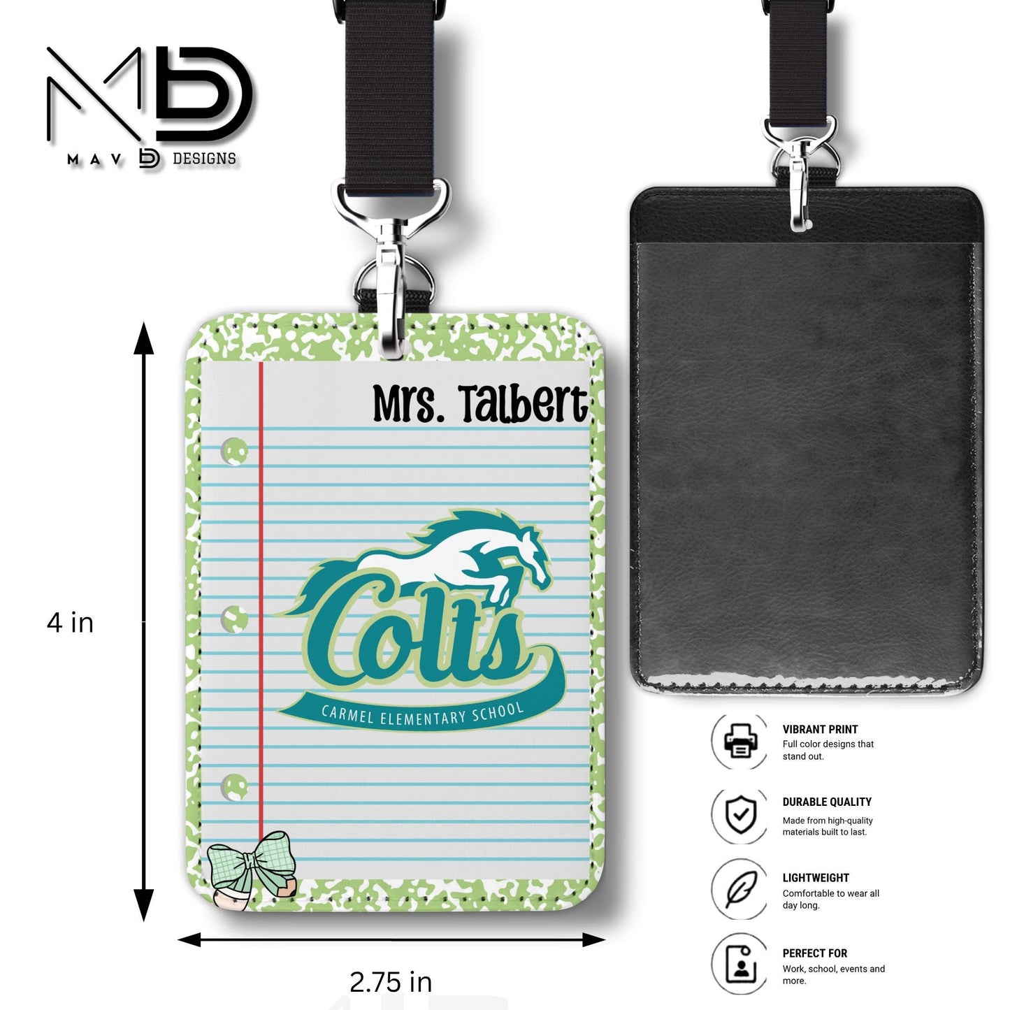 Personalized ID Badge Holder | Green Composition Custom School - Carmel Elementary Colts | Custom Name