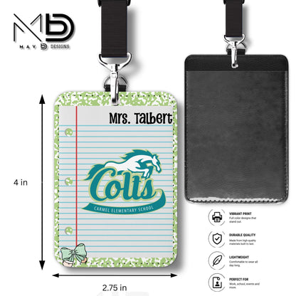 Personalized ID Badge Holder | Green Composition Custom School - Carmel Elementary Colts | Custom Name