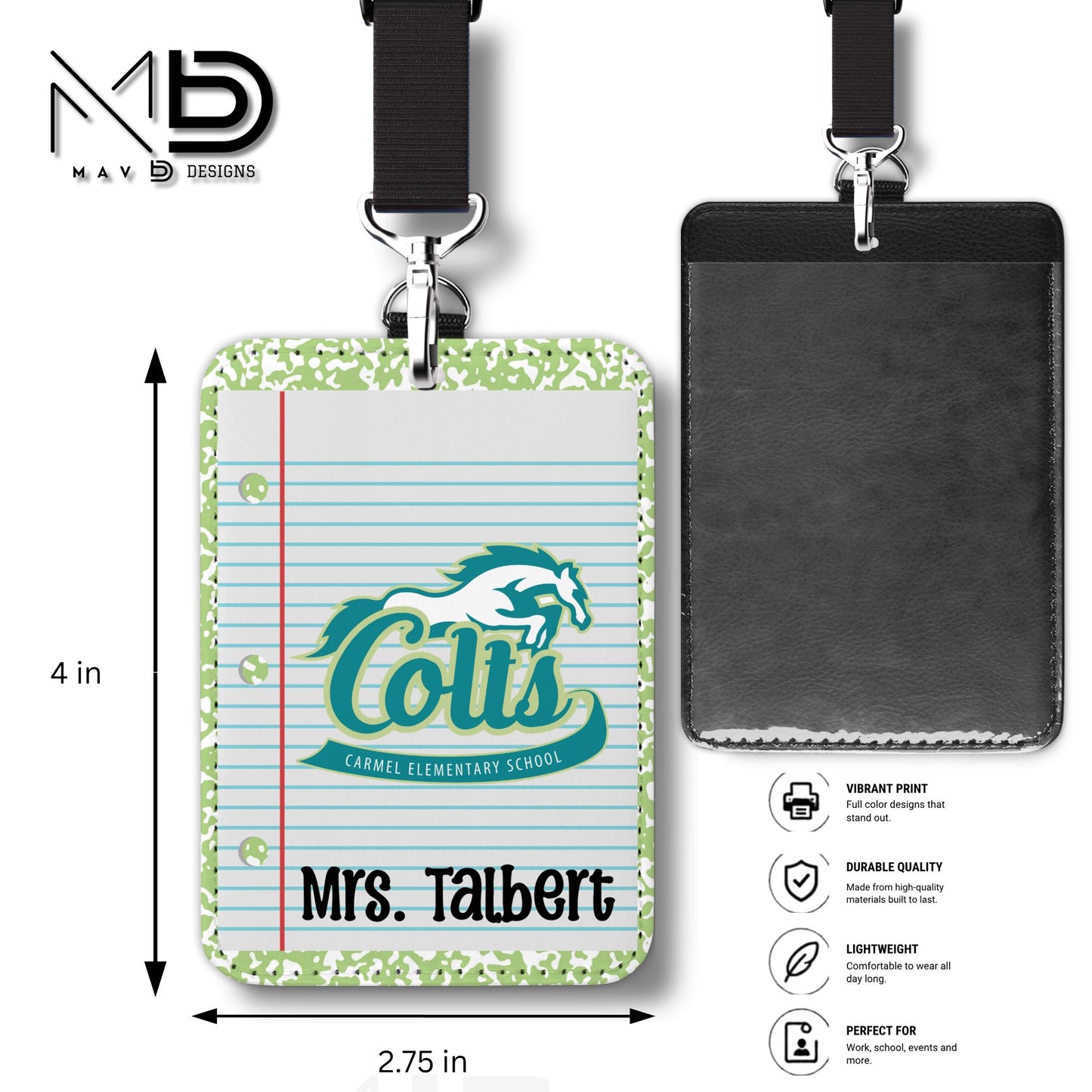Personalized ID Badge Holder | Green Composition Custom School - Carmel Elementary Colts | Custom Name