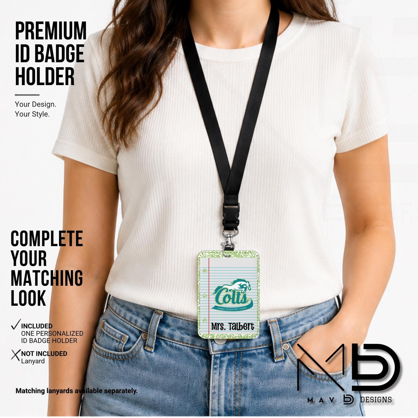 Personalized ID Badge Holder | Green Composition Custom School - Carmel Elementary Colts | Custom Name