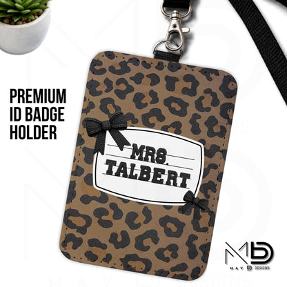 Personalized ID Badge Holder | Leopard Bow Nameplate | Black Knit Name | Custom Name