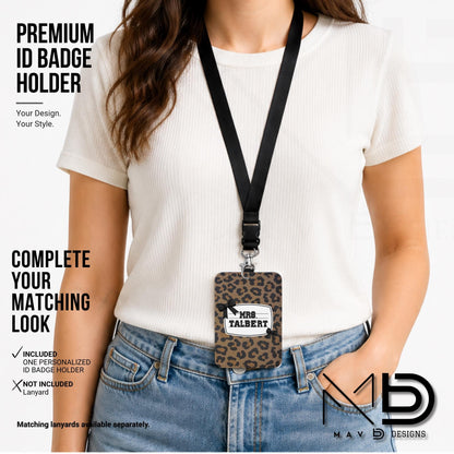 Personalized ID Badge Holder | Leopard Bow Nameplate | Black Knit Name | Custom Name