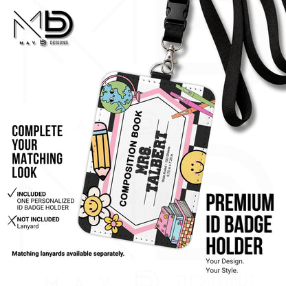 Personalized ID Badge Holder | Retro Groovy Composition Nameplate | Custom Name