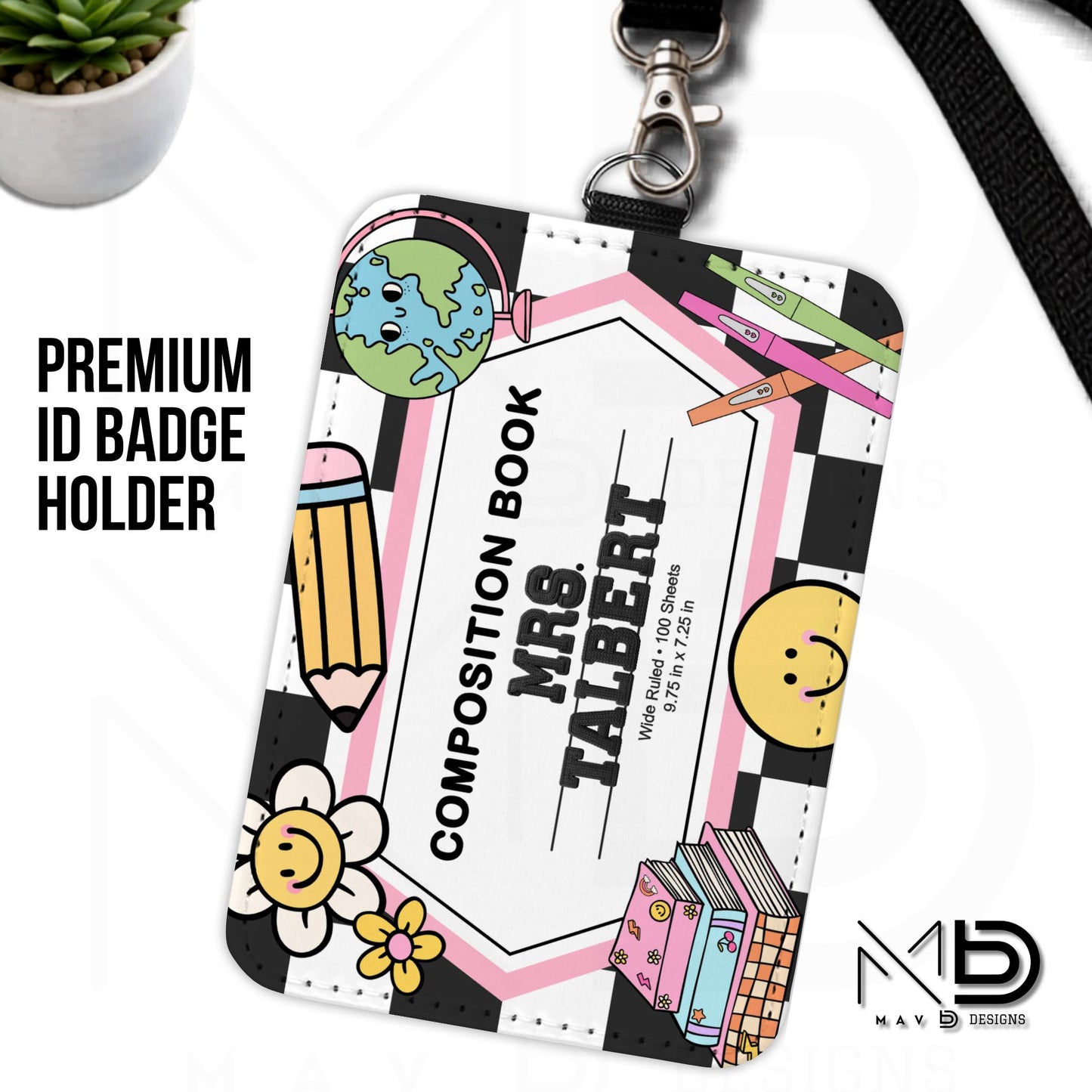 Personalized ID Badge Holder | Retro Groovy Composition Nameplate | Custom Name
