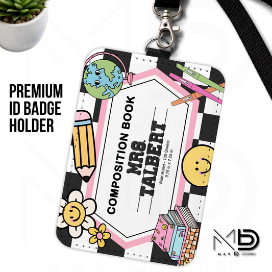 Personalized ID Badge Holder | Retro Groovy Composition Nameplate | Custom Name