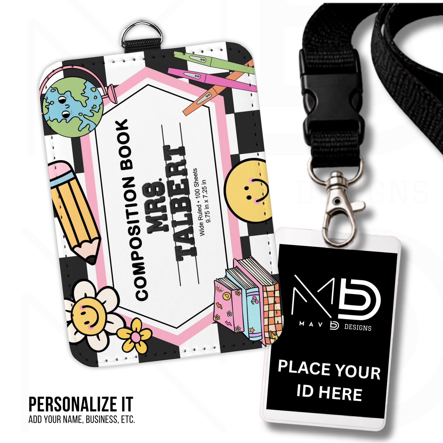 Personalized ID Badge Holder | Retro Groovy Composition Nameplate | Custom Name