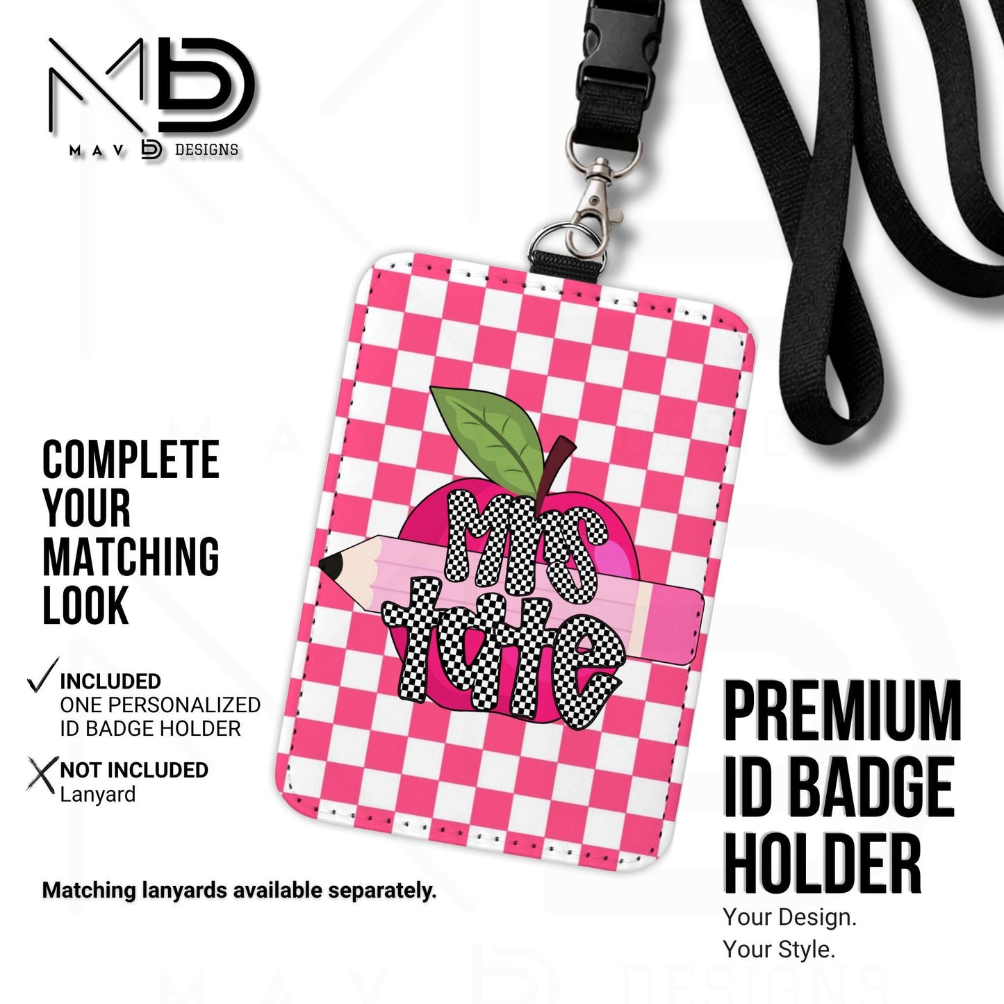 Personalized ID Badge Holder | Hot Pink Checkered Pink Apple Pencil | Checkered Name | Vertical