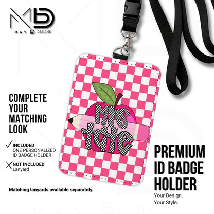 Personalized ID Badge Holder | Hot Pink Checkered Pink Apple Pencil | Checkered Name | Vertical