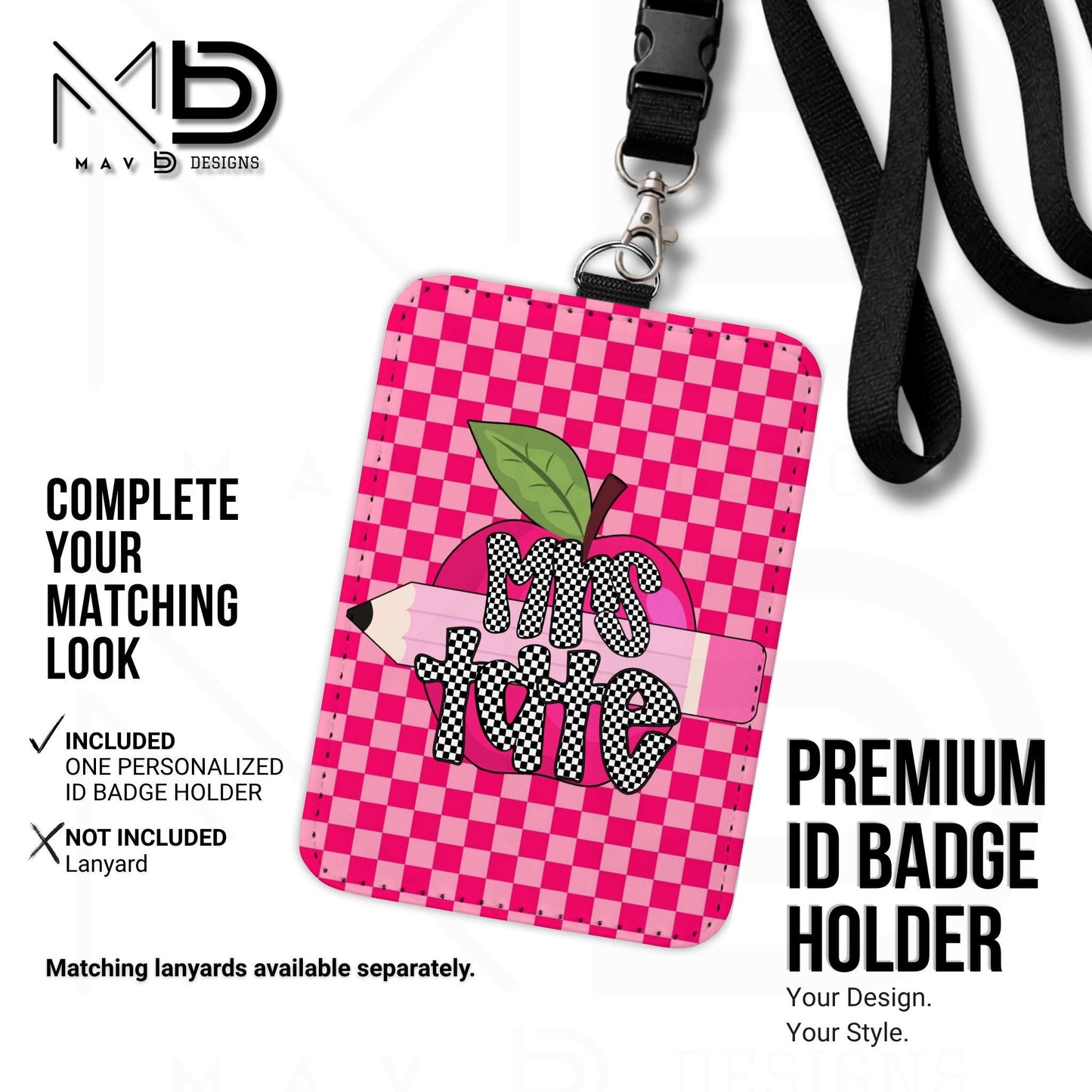 Personalized ID Badge Holder | Dual Hot Pink Checkered Pink Apple Pencil | Checkered Name | Vertical