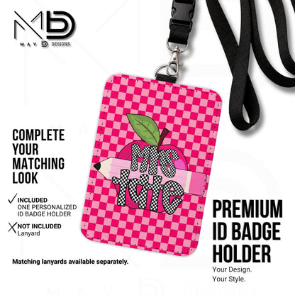 Personalized ID Badge Holder | Dual Hot Pink Checkered Pink Apple Pencil | Checkered Name | Vertical