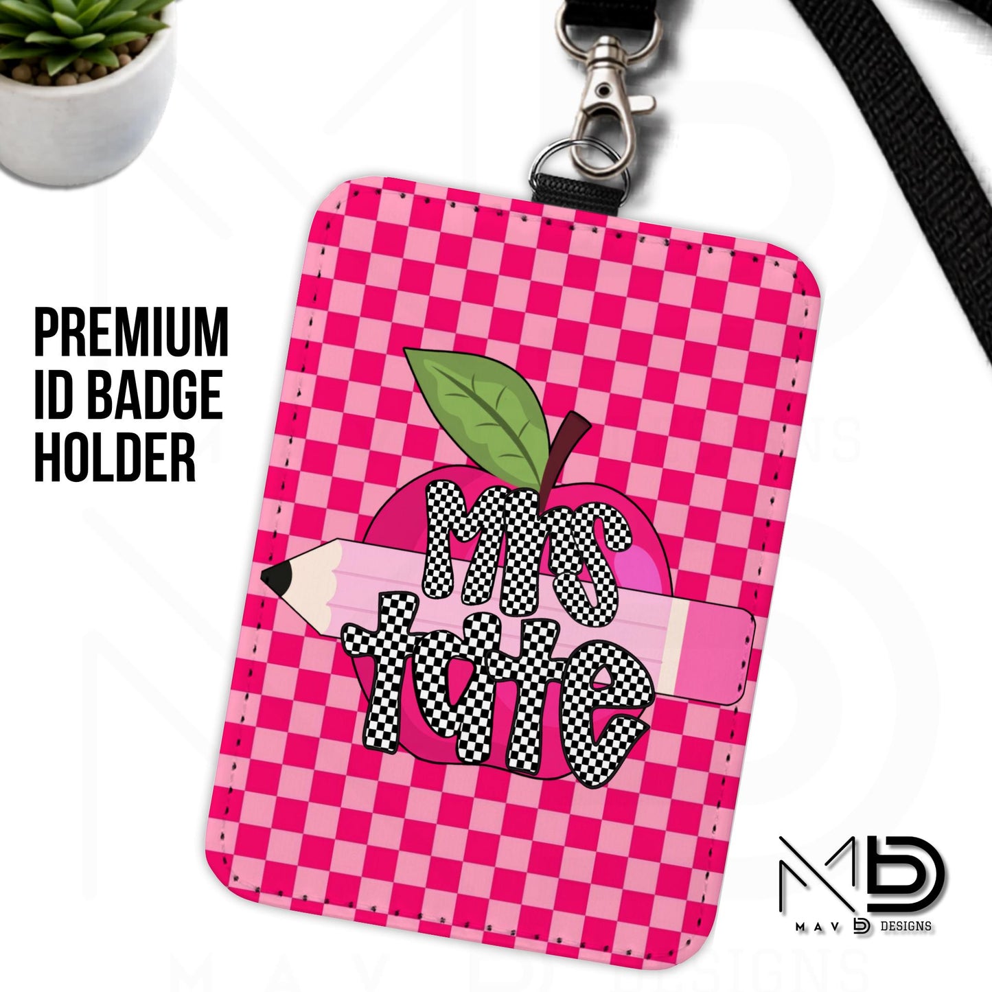 Personalized ID Badge Holder | Dual Hot Pink Checkered Pink Apple Pencil | Checkered Name | Vertical