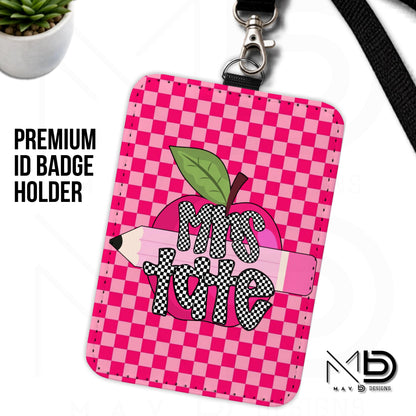 Personalized ID Badge Holder | Dual Hot Pink Checkered Pink Apple Pencil | Checkered Name | Vertical