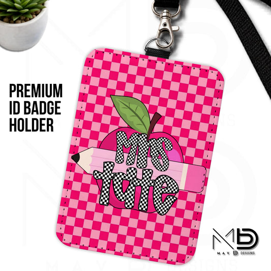 Personalized ID Badge Holder | Dual Hot Pink Checkered Pink Apple Pencil | Checkered Name | Vertical