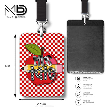 Personalized ID Badge Holder | Red Checkered Red Apple Pencil | Checkered Name | Vertical