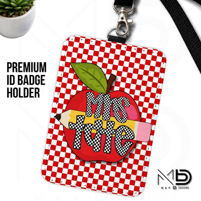 Personalized ID Badge Holder | Red Checkered Red Apple Pencil | Checkered Name | Vertical