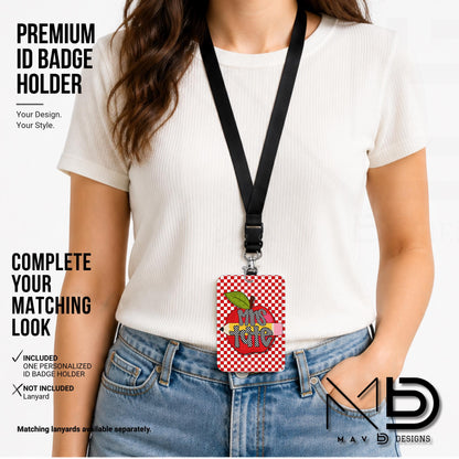 Personalized ID Badge Holder | Red Checkered Red Apple Pencil | Checkered Name | Vertical
